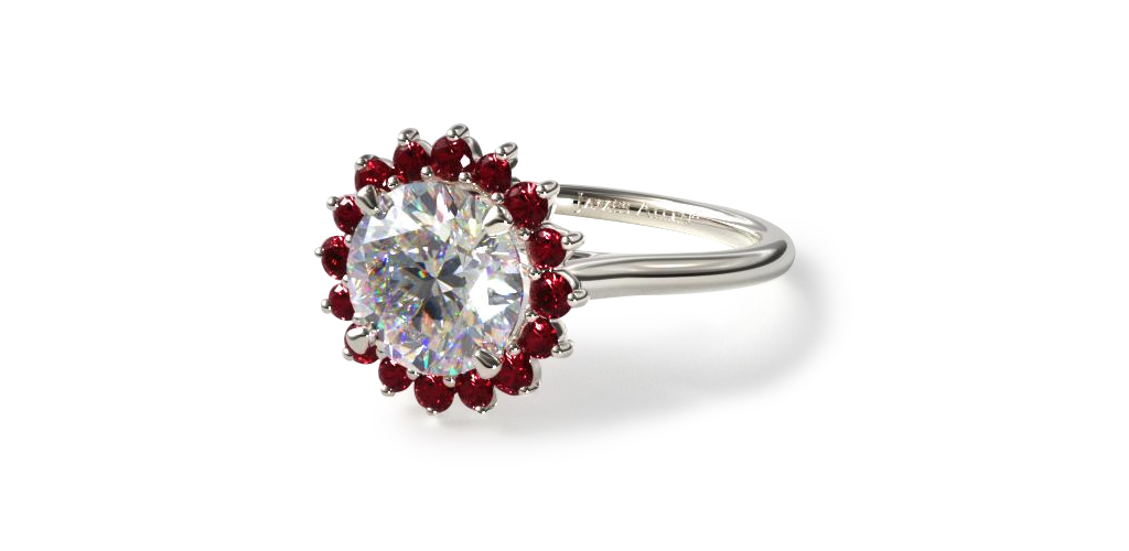 18K White Gold Ruby Pave Sunburst Engagement Ring