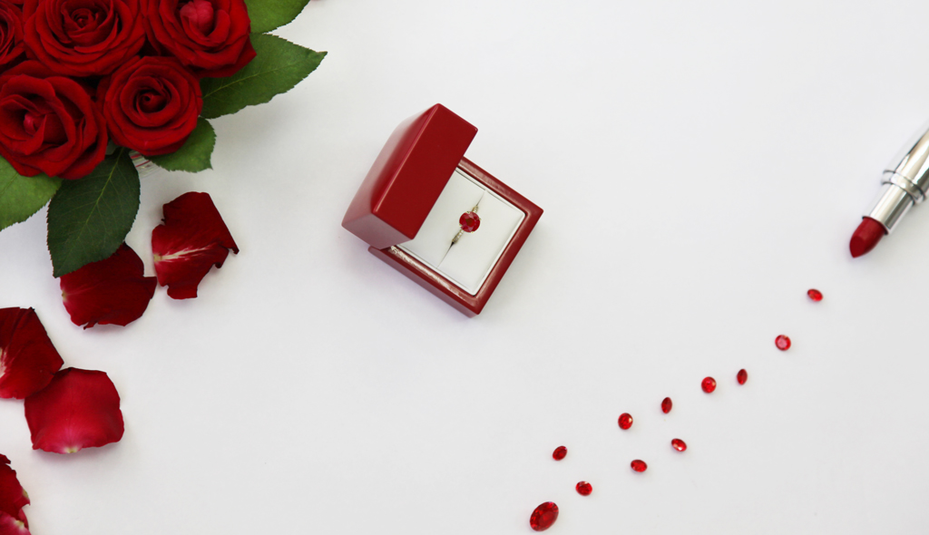 Red Ruby Engagement Ring in a box