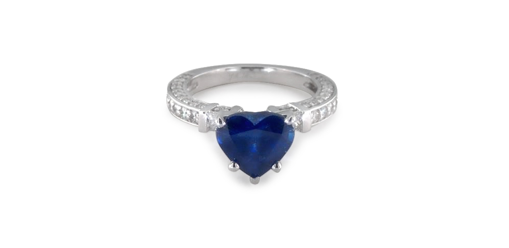3.19 Carat Heart Natural Blue Sapphire Bar Set And Three Sided Pave Diamond Engagement Ring