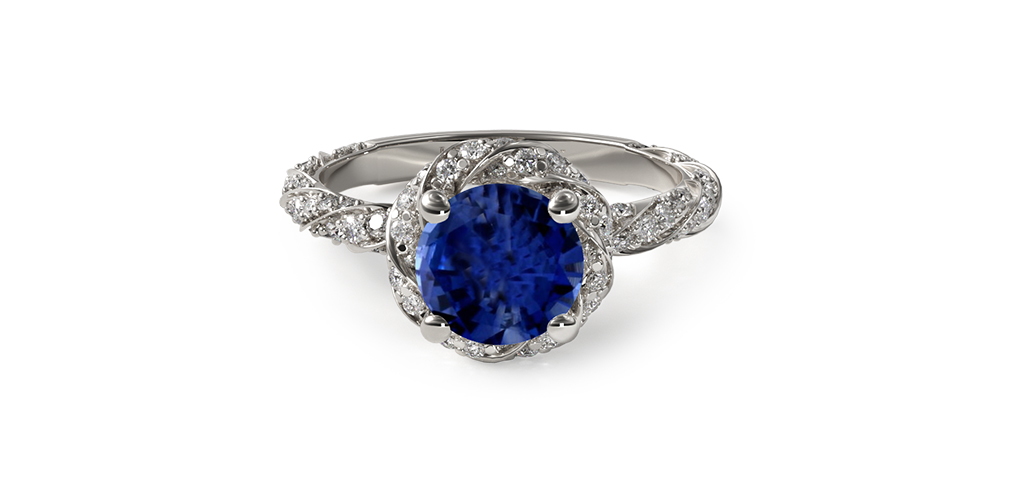 1.94 Carat Round Natural Blue Sapphire Twisted Pave Halo Engagement Ring