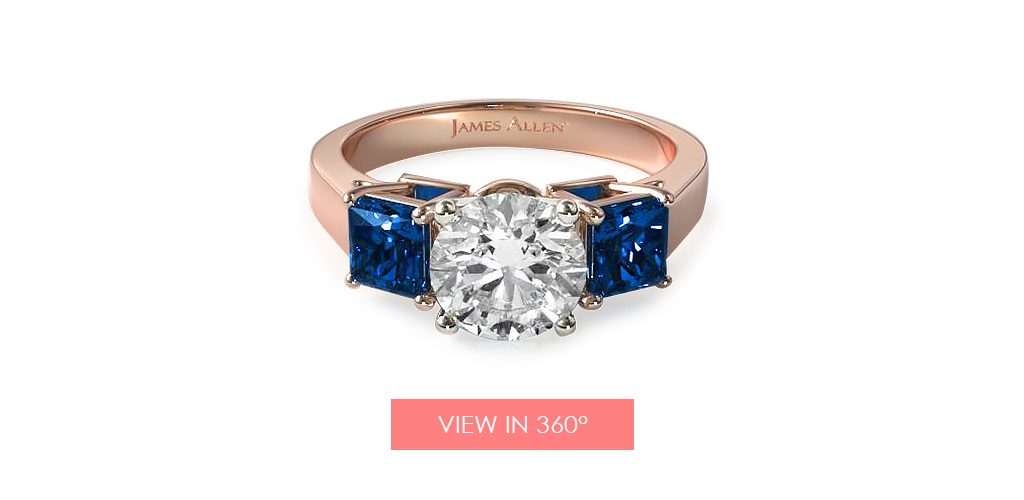 14K Rose Gold Three Stone Princess Shaped Blue Sapphire Engagement Ring