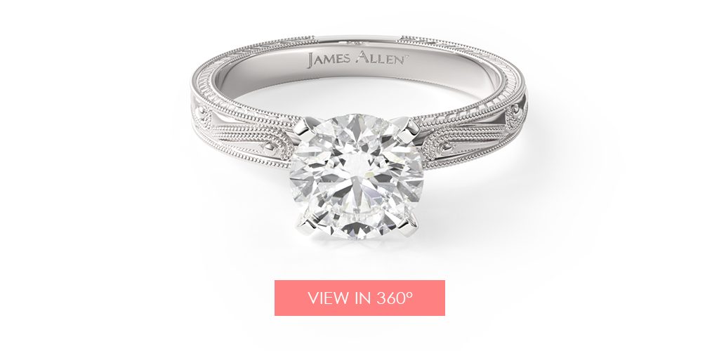 14K White Gold Engraved Solitaire Engagement Ring