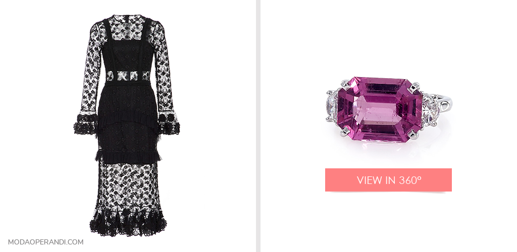 Little black dress on left and 18k White Gold Emerald Shaped Pink Tourmaline and Half Moon Diamond Three Stone Ring