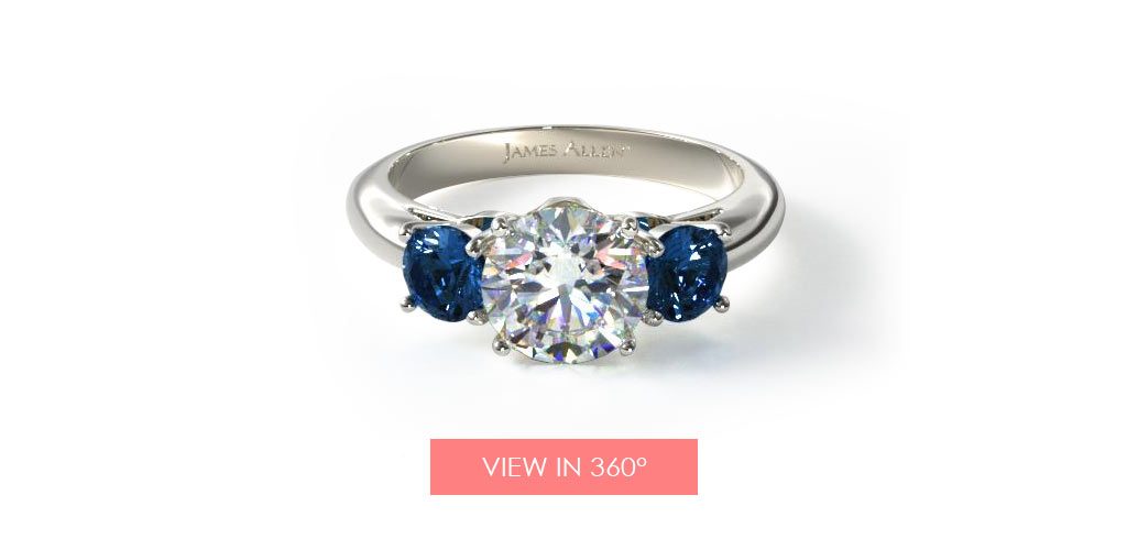 14K White Gold Three Stone Round Blue Sapphire Engagement Ring