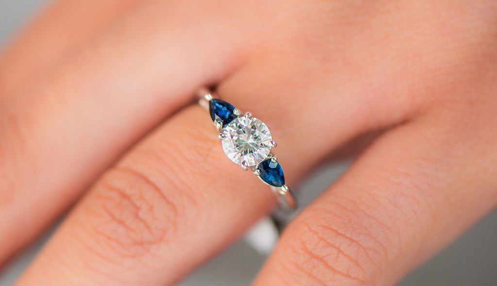 14K White Gold Three Stone Pear Shaped Blue Sapphire Engagement Ring