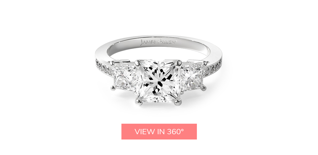 14K White Gold Three Stone Princess And Pave Set Diamond Engagement Ring