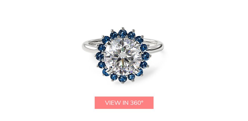 14K White Gold Blue Sapphire Pavé Sunburst Engagement Ring