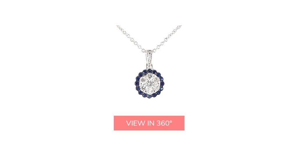 14K White Gold Sapphire And Diamond Halo Cluster Necklace