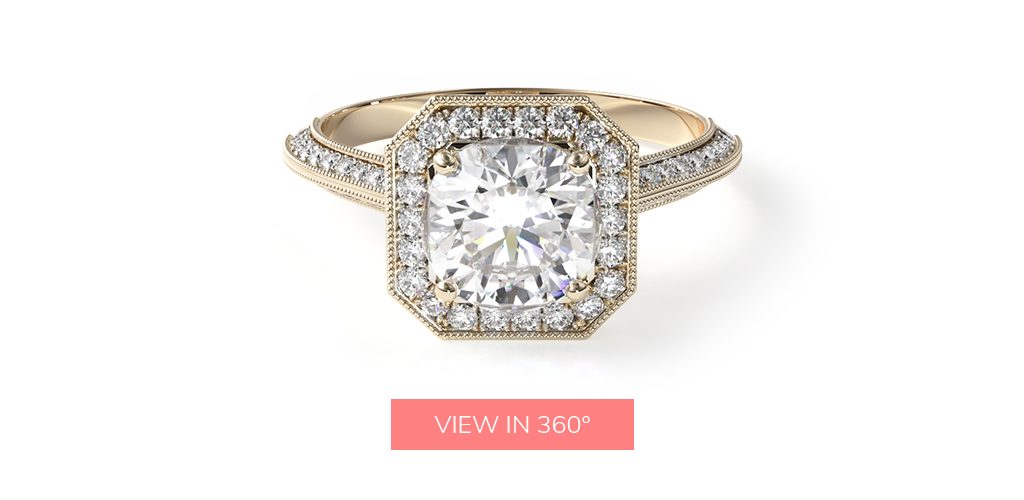 14K Yellow Gold Octagon Halo Diamond Engagement Ring