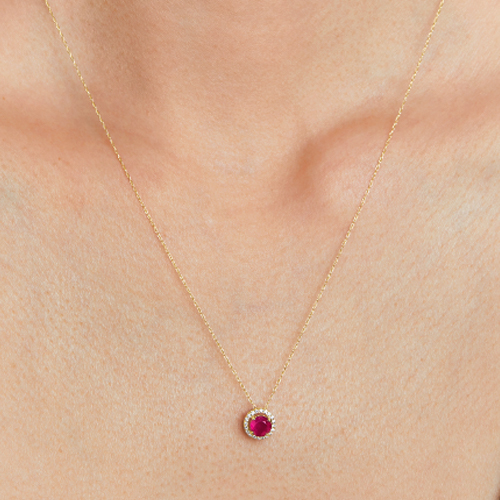 14K Yellow Gold Round Halo Ruby And Diamond Necklace (5.0mm)
