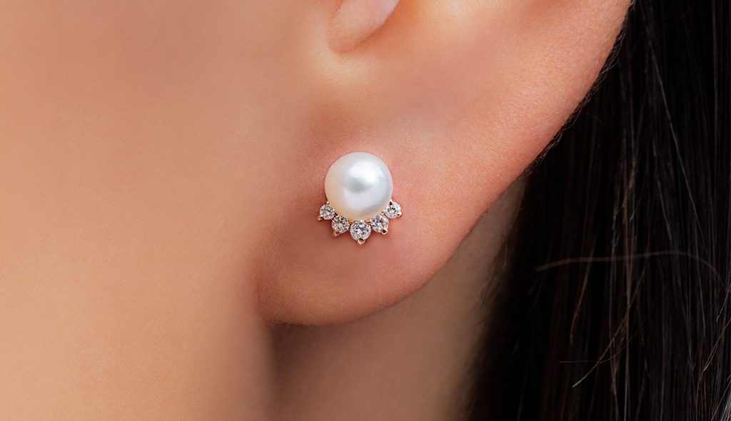 14K Rose Gold Crown Freshwater Pearl And Diamond Earrings