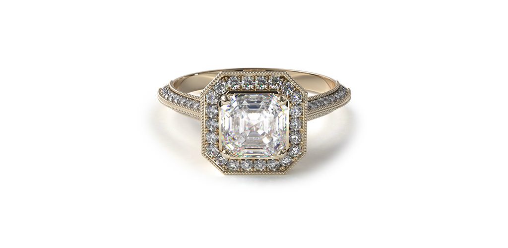 14K Yellow Gold Octagon Halo Diamond Engagement Ring