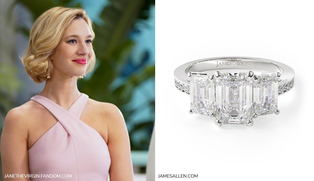 14K White Gold Three Stone Emerald And Pave Set Diamond Engagement Ring