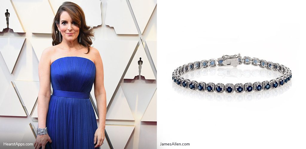 Oscars inspired jewelry Tina Fey - 14K White Gold Sapphire Cushion Cable Halo Tennis Bracelet (3.0mm)