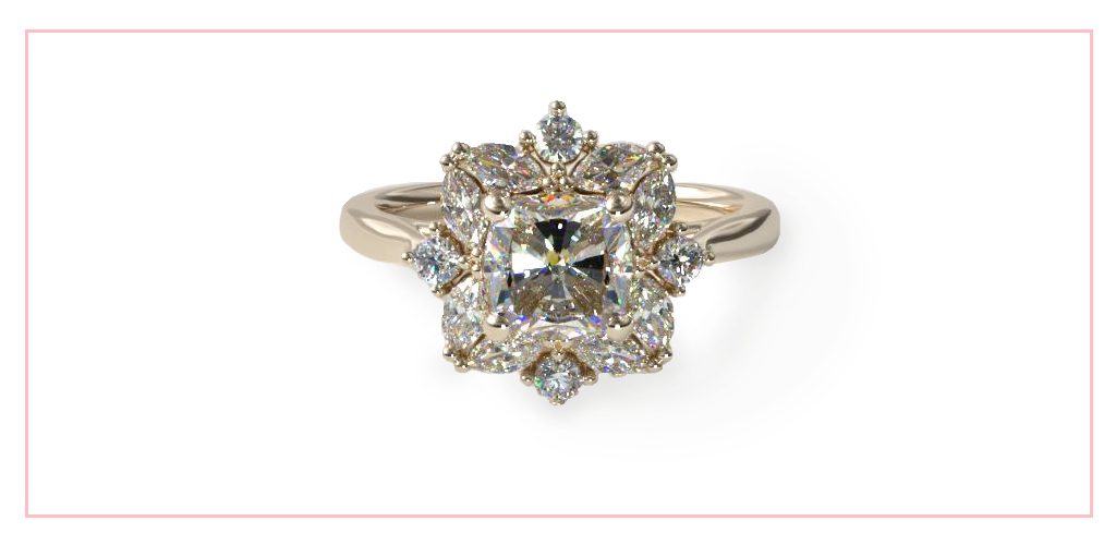 14K Yellow Gold Marquise Cluster Halo Diamond Engagement Ring