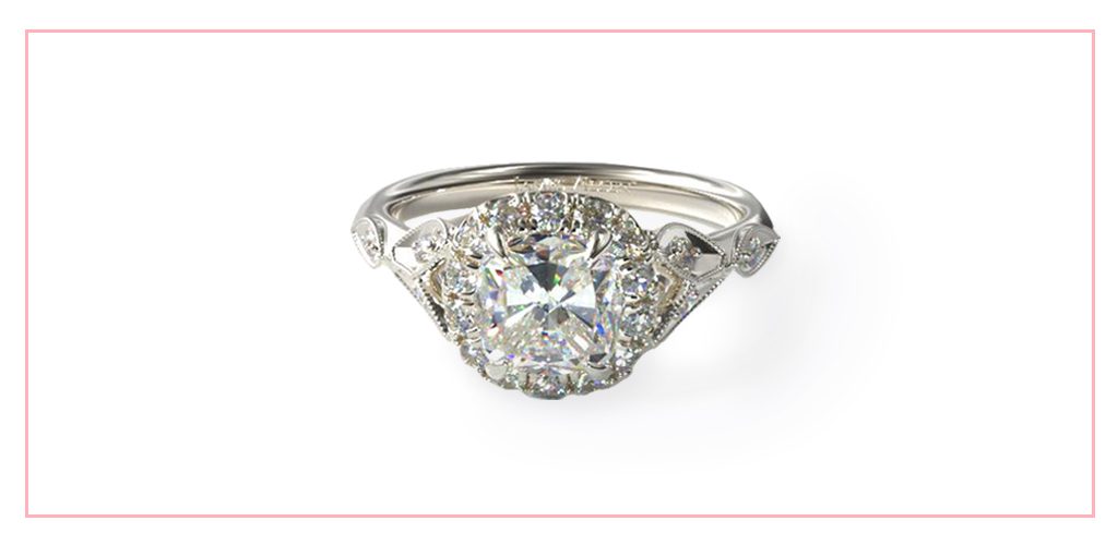 14K White Gold Navette Leaf Halo Engagement Ring