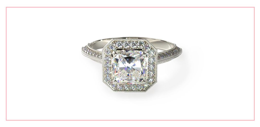 14K White Gold Octagon Halo Diamond Engagement Ring