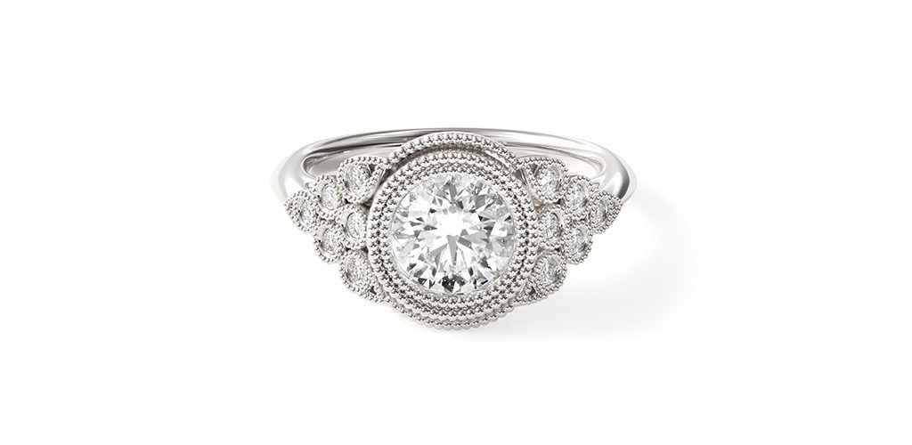 14K White Gold Beaded Bezel Set Diamond Engagement Ring