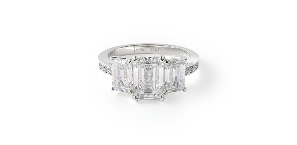 14K White Gold Three Stone Emerald And Pave Set Diamond Engagement Ring