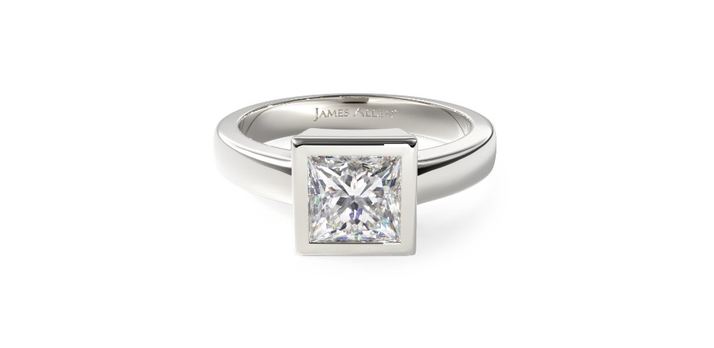 14K White Gold Bezel Set Princess Shaped Diamond Solitaire Ring