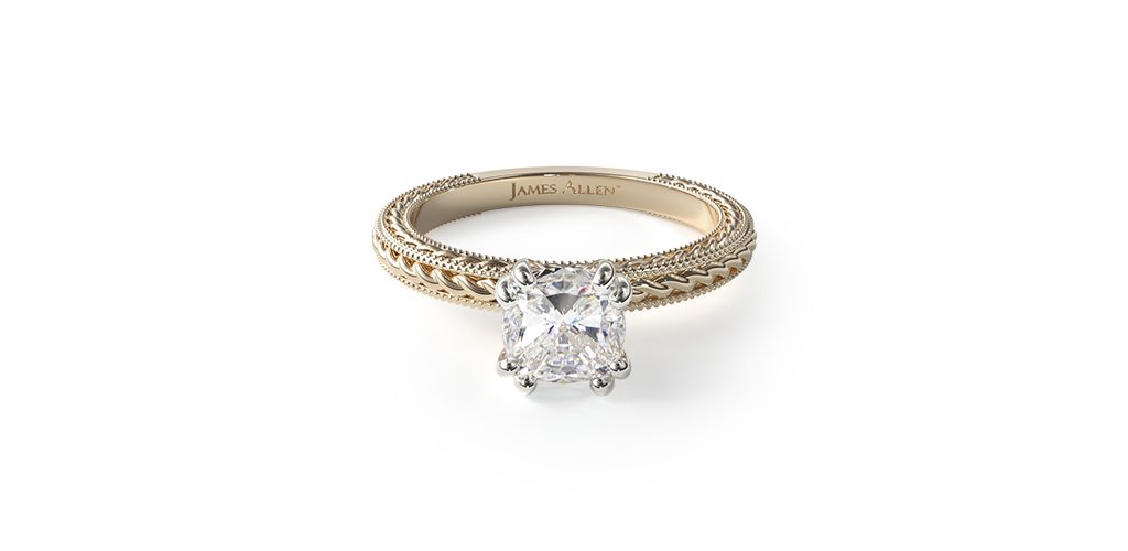 14K Yellow Gold Etched Rope Solitaire Engagement Ring