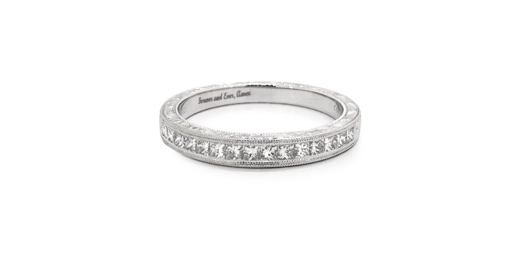 14K White Gold Hand Engraved Channel Set Princess Shape Diamond Wedding Ring