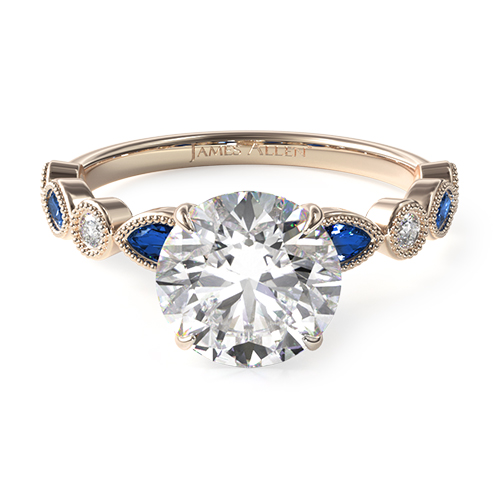 14K Yellow Gold Vintage Round Diamond And Marquise Sapphire Engagement Ring