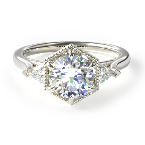 14K White Gold Hexagonal Trilliant Side Stone Diamond Engagement Ring