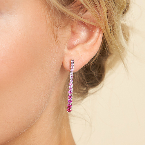 14K White Gold Single Trail Ombre Ruby To Pink Sapphire Drop Earrings