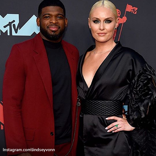 Celebrity engagement rings: Lindsey Vonn and PK Subban on the red carpet. Lindsey's emerald engagement ring in the foreground.