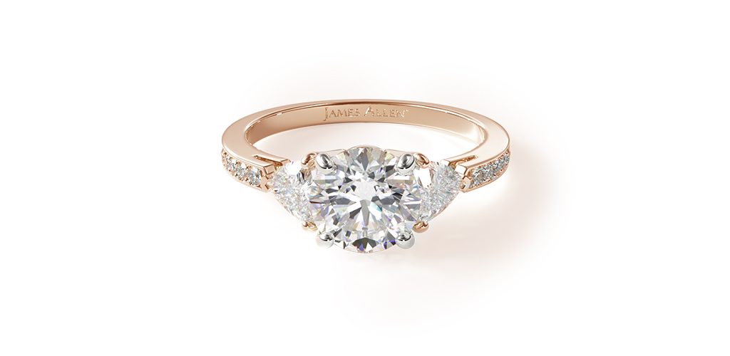 14K Rose Gold Three Stone Trillion And Pave Diamond Engagement Ring