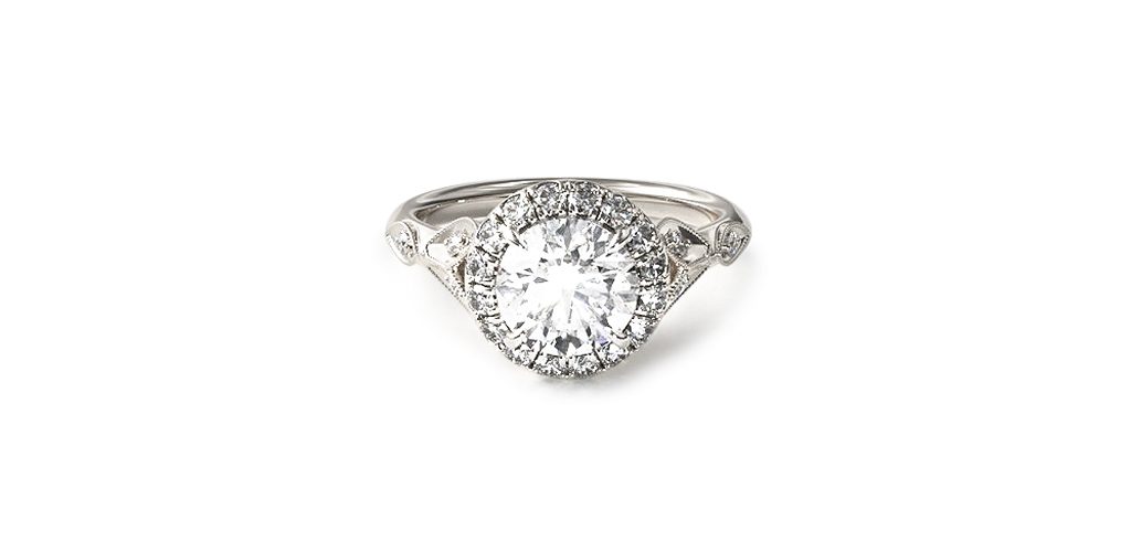 14K White Gold Navette Leaf Halo Engagement Ring