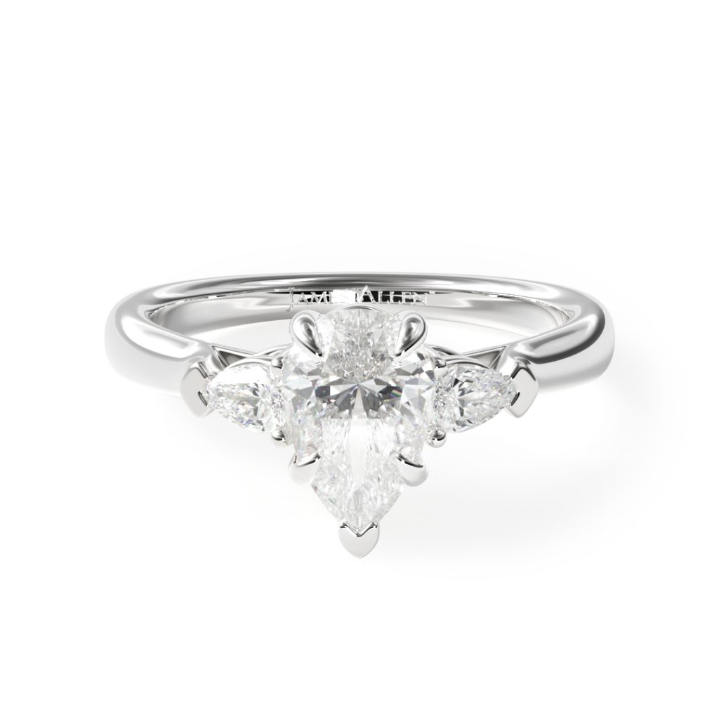 14K White Gold Three Stone Pear Shaped Engagement Ring