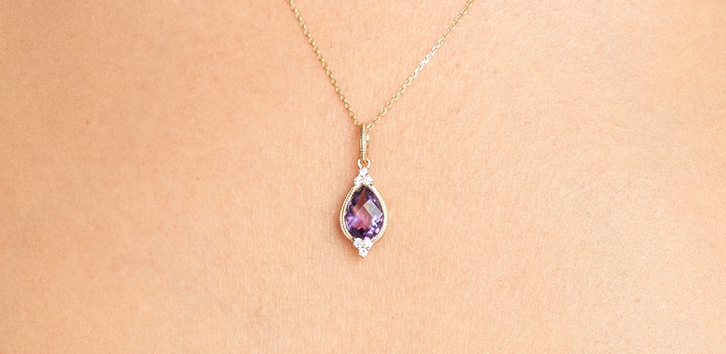 14K Yellow Gold Classical Amethyst And Diamond Necklace By Brevani