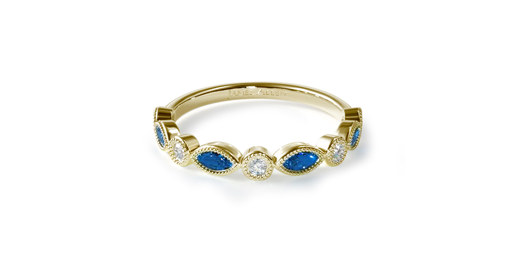 14K Yellow Gold Round Brilliant Diamond And Marquise Sapphire Wedding Ring
