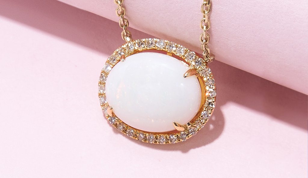 The October birthstone: East-West Opal Necklace With Diamond Halo
