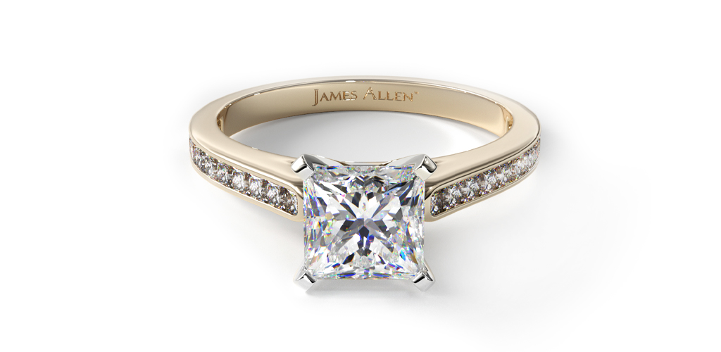 14K Yellow Gold Thin Channel Set Princess Shaped Diamond Engagement Ring