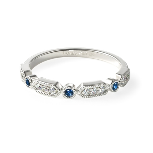 14K White Gold Blue Sapphire And Diamond Arrow Shape Wedding Ring