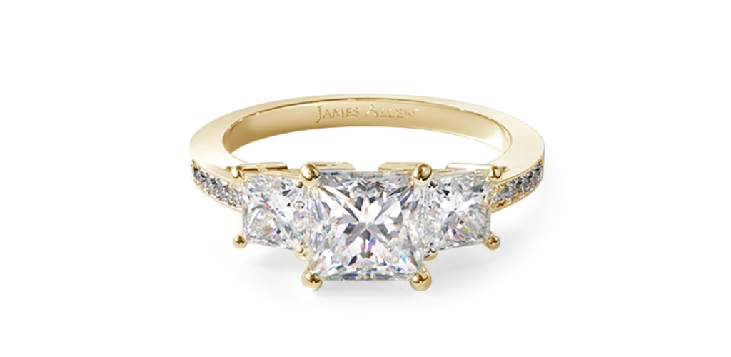 14K Yellow Gold Three Stone Princess And Pave Set Diamond Engagement Ring