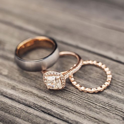 most popular wedding rings: rose gold vintage marquise and round diamond wedding ring