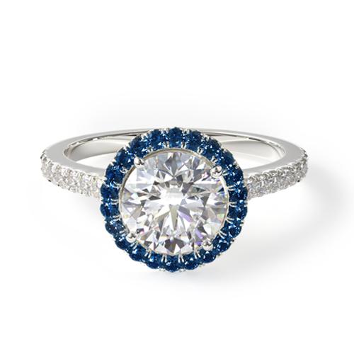 14K White Gold French Cut Pave Blue Sapphire Engagement Ring