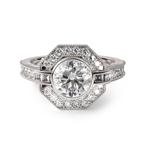 14K White Gold Art Deco Inspired Octagonal Halo Engagement Ring