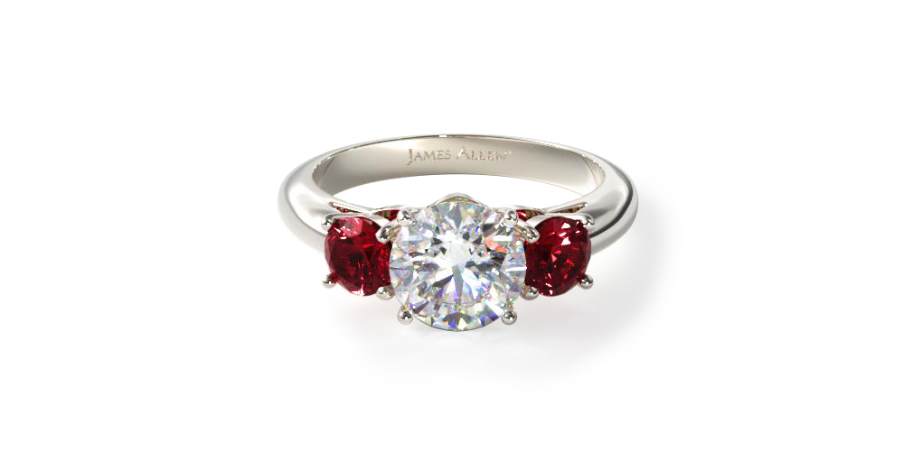 14K White Gold Three Stone Round Ruby Engagement Ring