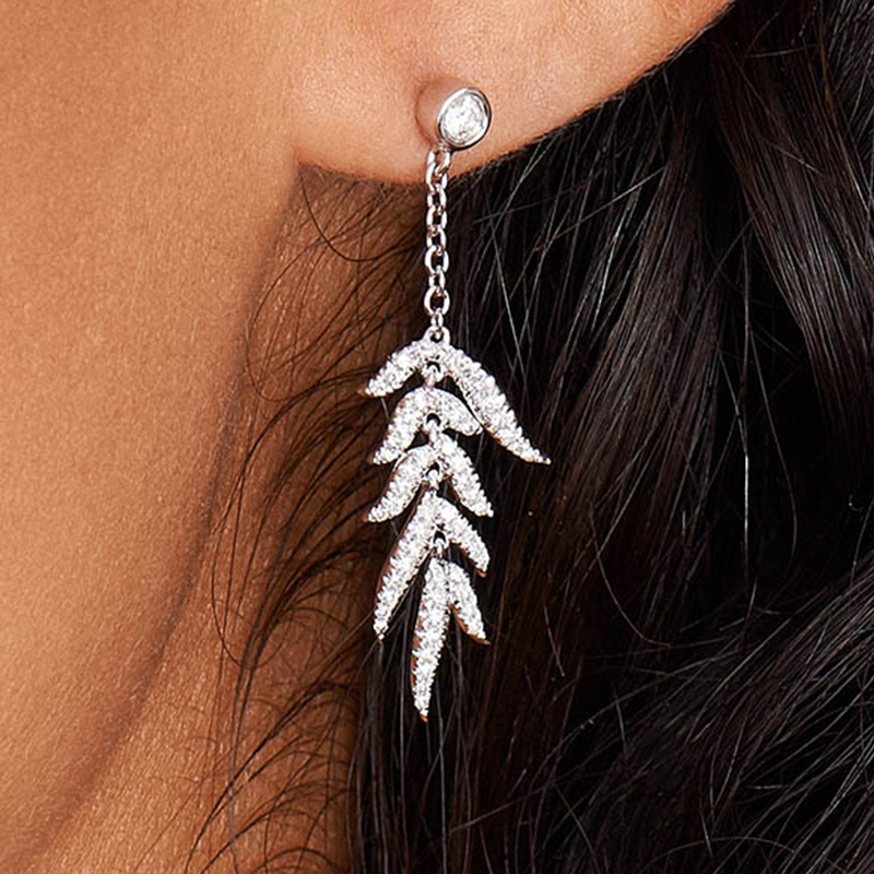14K White Gold Leaves Cascade Diamond Drop Earrings