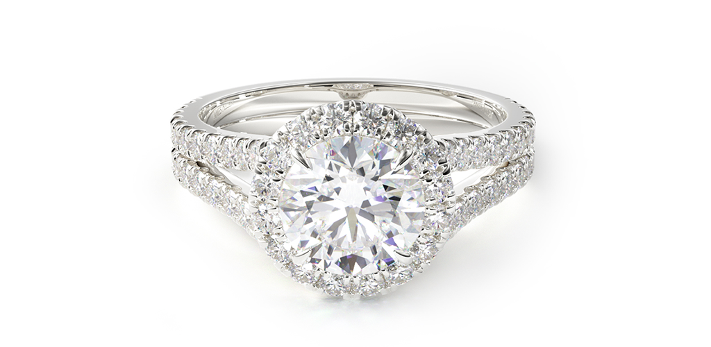 14K White Gold Round Split Band Diamond Halo Engagement Ring