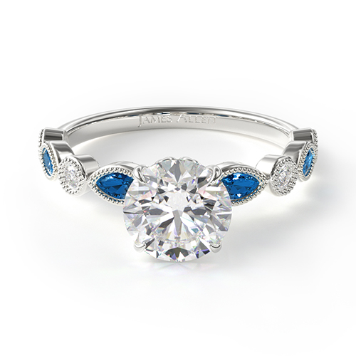 14K White Gold Vintage Round Diamond And Marquise Sapphire Engagement Ring
