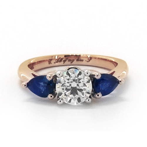 14K Rose Gold Three Stone Pear Shaped Blue Sapphire Engagement Ring