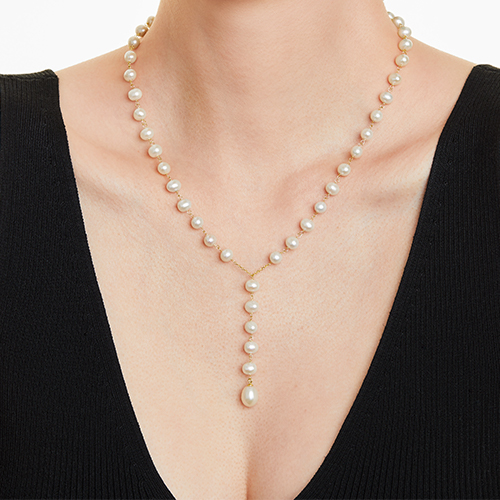 14K Yellow Gold Freshwater Cultured Pearl Lariat Necklace (8.0-9.0mm)
