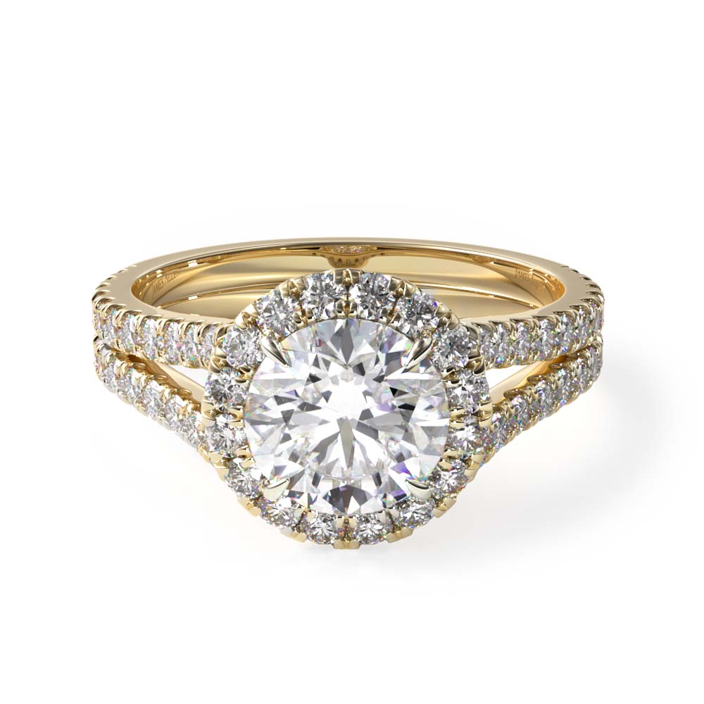 14K Yellow Gold Round Split Band Diamond Halo Engagement Ring