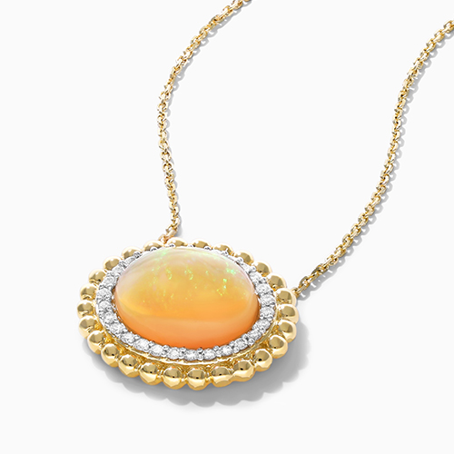14K Yellow Gold Beaded Double Halo Opal And Diamond Necklace